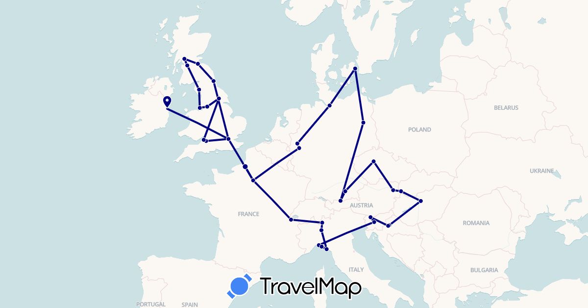 TravelMap itinerary: driving in Austria, Switzerland, Czech Republic, Germany, Denmark, France, United Kingdom, Croatia, Hungary, Ireland, Italy, Slovenia, Slovakia (Europe)
